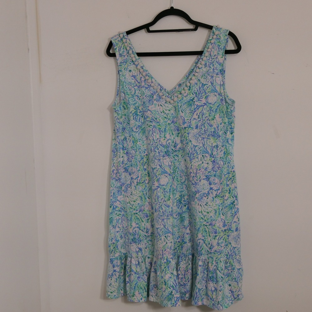 Lilly Pulitzer Camilla Swing Dress L Blue Green Coastal Pom Pom 008631 Tropical
